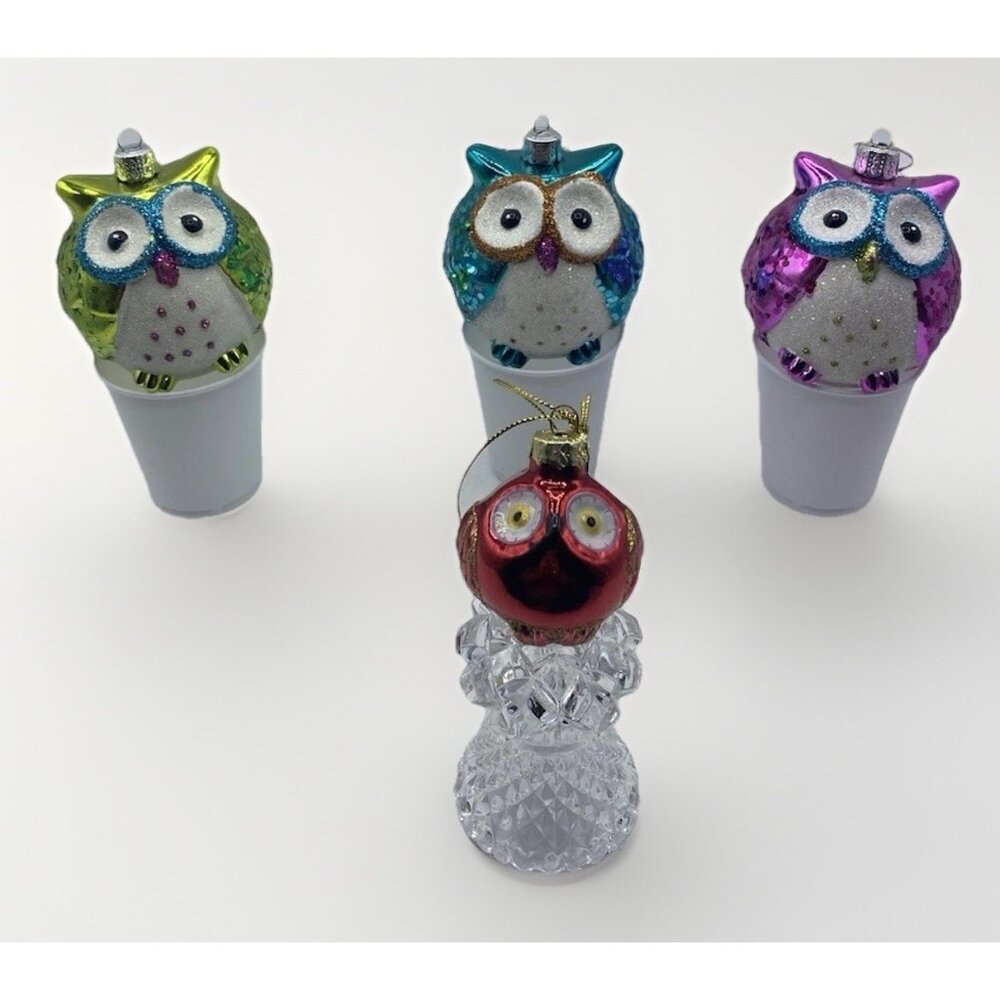 Set of 4 Owl Christmas Ornaments Glass Owls Holiday Tree Decor Woodland
